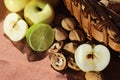 Walnuts and the Basket: top view of various fruits Royalty Free Stock Photo