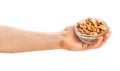 walnuts bowl in hand Royalty Free Stock Photo