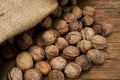 Walnuts in a burlap bag Royalty Free Stock Photo