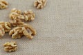 Walnuts on a burlap fabric.