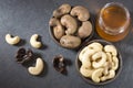 Walnuts and cashew oil - Anacardium occidentale Royalty Free Stock Photo