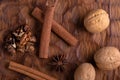 Walnuts, cinnamon and anise on wooden cutting board. Nuts and spices on the table. Food composition. Royalty Free Stock Photo