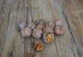 Walnuts closeup on a wooden background, selective focus Royalty Free Stock Photo