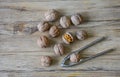 Walnuts closeup on a wooden background, selective focus Royalty Free Stock Photo