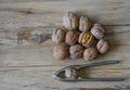 Walnuts closeup on a wooden background, selective focus Royalty Free Stock Photo