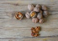 Walnuts closeup on a wooden background, selective focus Royalty Free Stock Photo