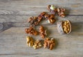 Walnuts closeup on a wooden background, selective focus Royalty Free Stock Photo