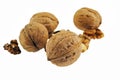 Walnuts and a cracked walnut Royalty Free Stock Photo