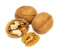 Walnuts and cracked walnut isolated on the white background Royalty Free Stock Photo