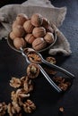 Walnuts on a dark background. Nutcracker for walnuts. A device for cracking a whole nut. The kernel of a walnut. Nut shell.