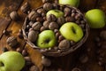 Walnuts with green apples mixed with a wicker basket Royalty Free Stock Photo