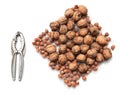 Walnuts, hazelnuts and nutcracker on a white background Royalty Free Stock Photo