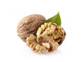 Walnuts with leaf in closeup on white background Royalty Free Stock Photo