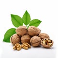 Walnuts with leaves isolated on white background Royalty Free Stock Photo