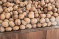 Walnuts in a nut shop window. A mountain of unpeeled walnuts in the market. Wooden base with copy space for text.