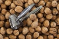 Walnuts and nutcracker closeup of the bag at the village market. Royalty Free Stock Photo