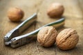 Walnuts and a nutcracker on a wooden board Royalty Free Stock Photo