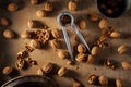 Walnuts and nutcrackers on a wooden background Royalty Free Stock Photo