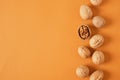 walnuts pattern on brown background, top view copy space