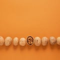 walnuts pattern on brown background, top view walnuts in shell and without shell in a row