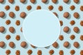 Walnuts pattern, whole and peeled on blue background with copy space in circle shape. Top views of the nuts and seeds. Wrapping