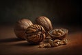 Walnuts and peeled walnuts on a wooden table with dark background