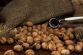 Walnuts on a rustic old wooden table. walnuts on a wooden table. Side view. Royalty Free Stock Photo