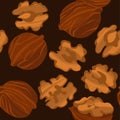 Walnuts seamless pattern. Nuts in shell and kernels.