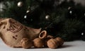 Walnuts in shell and Christmas Decoration with copy space. Royalty Free Stock Photo