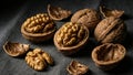 Walnuts in Shell and Shelled in Rustic Bowl on Dark Background. Healthy Nuts Still Life. Royalty Free Stock Photo