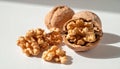 Walnuts in shell and walnut kernels on white background. Generated using AI. Royalty Free Stock Photo