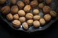 Walnuts on the silver tray, view from above