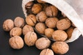 Walnuts spilling out of a textile bag on black background