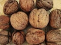 Walnuts on a table in contrast colors