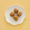 Walnuts top view. Jewish pesah celebration symbols & x28;jewish Passover holiday& x29;.