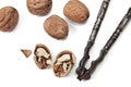 Walnuts and vintage nutcracker isolated on a white background. Top view