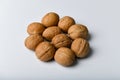 Walnuts on a white background. Close up view of walnuts. Walnuts are 4 water, 15 protein, 65 fat and 14 carbohydrates, including 7