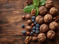 walnuts wooden background top view