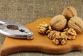 Walnuts on a wooden board (cutting board) with a nutcracker Royalty Free Stock Photo