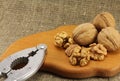 Walnuts on a wooden board (cutting board) with a nutcracker Royalty Free Stock Photo
