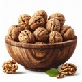 Walnuts in a Wooden Bowl with Bright Lighting and White Background Royalty Free Stock Photo