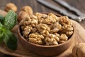 Walnuts in a wooden bowl Royalty Free Stock Photo