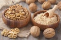 Walnuts in wooden bowls Royalty Free Stock Photo