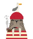 Walrus in a cap and sailor shirt with bird