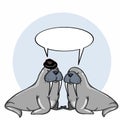Walrus family and blue circle background and speaking Royalty Free Stock Photo
