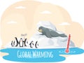 Walrus on glacier saved from climate change and global warming. Penguins on ice floe hold sign help Royalty Free Stock Photo