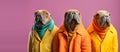 Walrus in a group, vibrant bright fashionable outfits isolated on solid background advertisement