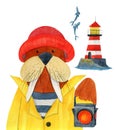 Walrus a light keeper in a yellow raincoat