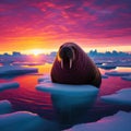 Walrus reclines on ice sheet with glorious sunset as backdrop