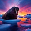 Walrus reclines on ice sheet with glorious sunset as backdrop